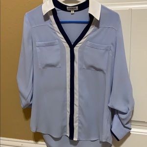 white collared light/sky blue button down blouse